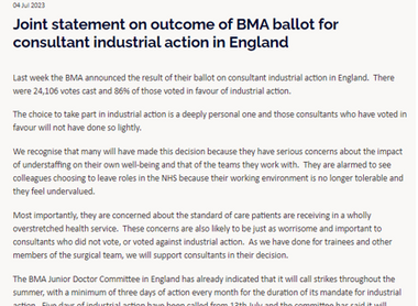 Joint statement on outcome of BMA ballot for consultant industrial action in England image