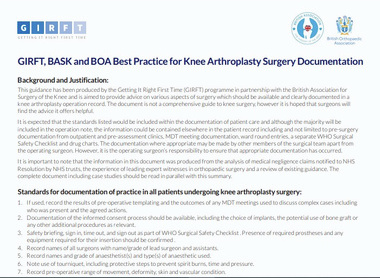 GIRFT, BASK and BOA Best Practice for Knee Arthroplasty Surgery - One page summary image