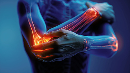 A+3D+Model+of+an+Elbow+Joint+Is+Shown,+Highlighting+Areas+of+Pain+and+Inflammation+with+Bright+Red+and+Orange+Colors.+Generative+AI..jpg
